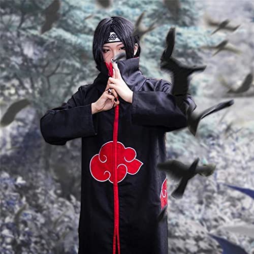 O.AMBW 7 Piezas Ninja Set Disfraz de Itachi Uchiha Akatsuki con Accesorios Cosplay Naruto Capa Larga de Naruto Traje de Halloween Unisex Niño Adulto