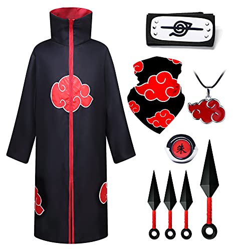 O.AMBW 7 Piezas Ninja Set Disfraz de Itachi Uchiha Akatsuki con Accesorios Cosplay Naruto Capa Larga de Naruto Traje de Halloween Unisex Niño Adulto