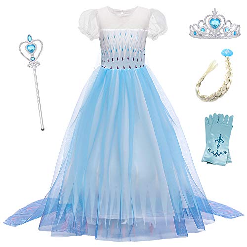 O.AMBW Disfraces con Accesorios Vestido de Princesa con Capa Larga Manga Puff Disfraz de Frozen Azul Cosplay de Princesa Violeta Fiesta Carnaval Halloween Regalo Cumple Niñas 2-12 años