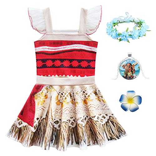 O.AMBW Disfraz de Moana Minifalda sin Mangas Impresa en 3D con Accesorios Corona de Flores Pinza para el Cabello Collar Vaiana Cosplay Carnaval Halloween Verano Primavera Regalo de cumpleaños