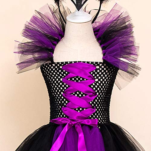 OBEEII Disfraz maléfico para niña de Halloween Carnaval Tutu vestido de diadema + alas Sleeping Beauty Halloween Navidad disfraz infantil, Morado + ala, 6-7 Años