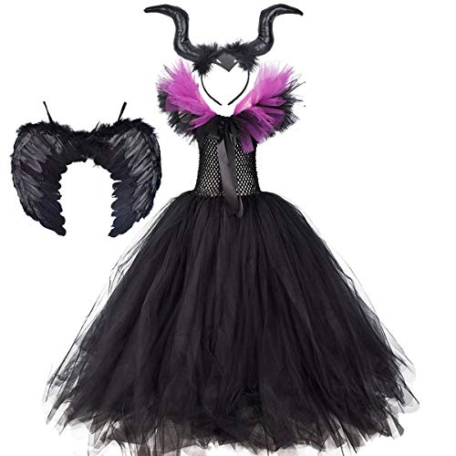 OBEEII Disfraz maléfico para niña de Halloween Carnaval Tutu vestido de diadema + alas Sleeping Beauty Halloween Navidad disfraz infantil, #Violett01, 7-8 Años