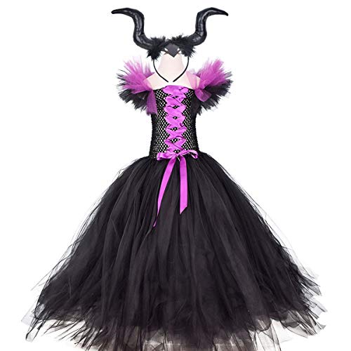 OBEEII Disfraz maléfico para niña de Halloween Carnaval Tutu vestido de diadema + alas Sleeping Beauty Halloween Navidad disfraz infantil, #Violett01, 7-8 Años