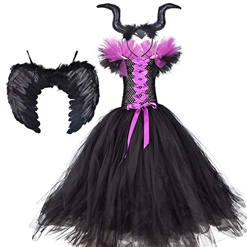 OBEEII Disfraz maléfico para niña de Halloween Carnaval Tutu vestido de diadema + alas Sleeping Beauty Halloween Navidad disfraz infantil, #Violett01, 7-8 Años