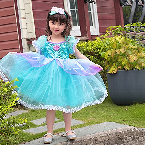 OBEEII Niño Niña Disfraz de Vestido de Traje de Sirena Cosplay Princesa de Fiesta de Cumpleaños Navidad Carnaval Muchacha Puff de Manga Corta Falda de Malla Y Set de Accesorios Verde 2-3 Años