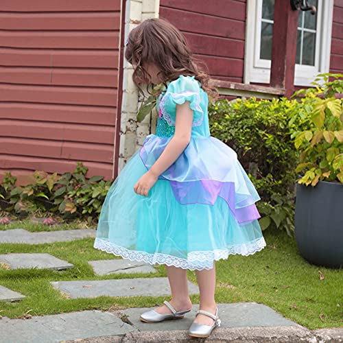 OBEEII Niño Niña Disfraz de Vestido de Traje de Sirena Cosplay Princesa de Fiesta de Cumpleaños Navidad Carnaval Muchacha Puff de Manga Corta Falda de Malla Y Set de Accesorios Verde 2-3 Años