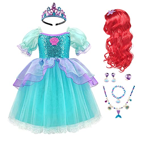 OBEEII Niño Niña Disfraz de Vestido de Traje de Sirena Cosplay Princesa de Fiesta de Cumpleaños Navidad Carnaval Muchacha Puff de Manga Corta Falda de Malla Y Set de Accesorios Verde 2-3 Años