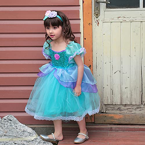 OBEEII Niño Niña Disfraz de Vestido de Traje de Sirena Cosplay Princesa de Fiesta de Cumpleaños Navidad Carnaval Muchacha Puff de Manga Corta Falda de Malla Y Set de Accesorios Verde 2-3 Años