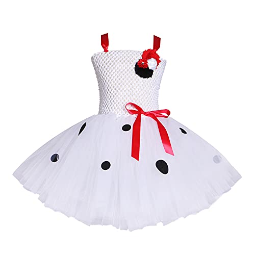 OBEEII Vestido de Disfraz de Dálmata para Chico Niños Carnaval Fiesta de Cumpleaños de Navidad de Falda Gachí Sin Mangas Niña Cosplay Dress Up con Accesorios 4 Piezas Flor + Dálmata 8-9 Años