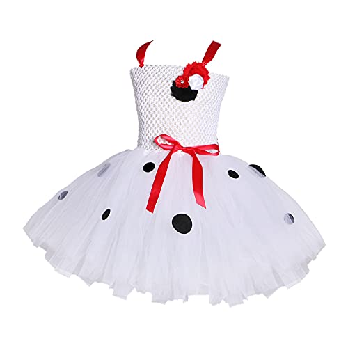 OBEEII Vestido de Disfraz de Dálmata para Chico Niños Carnaval Fiesta de Cumpleaños de Navidad de Falda Gachí Sin Mangas Niña Cosplay Dress Up con Accesorios 4 Piezas Flor + Dálmata 8-9 Años