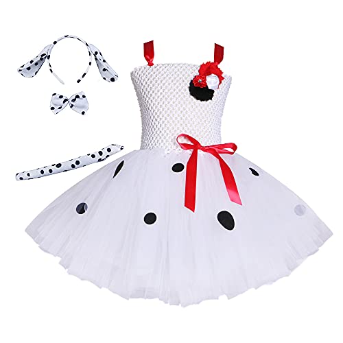 OBEEII Vestido de Disfraz de Dálmata para Chico Niños Carnaval Fiesta de Cumpleaños de Navidad de Falda Gachí Sin Mangas Niña Cosplay Dress Up con Accesorios 4 Piezas Flor + Dálmata 8-9 Años