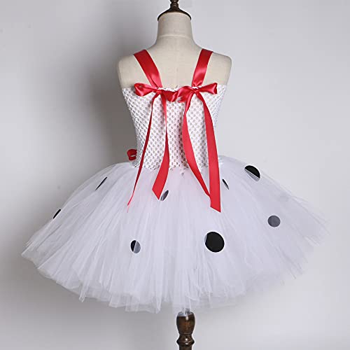 OBEEII Vestido de Disfraz de Dálmata para Chico Niños Carnaval Fiesta de Cumpleaños de Navidad de Falda Gachí Sin Mangas Niña Cosplay Dress Up con Accesorios 4 Piezas Flor + Dálmata 8-9 Años