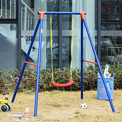 Outsunny Columpio de Metal para Niños +6 Años con Soporte Juego de Columpio Infantil con Asiento Cuerda Ajustable 4 Anclajes Exteriores Carga Máx. 40 kg 155x160x180cm Multicolor