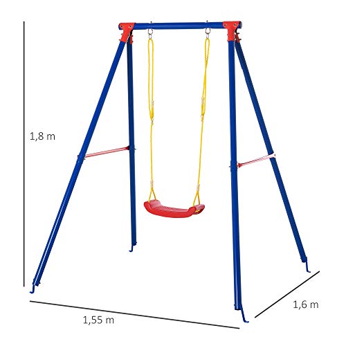 Outsunny Columpio de Metal para Niños +6 Años con Soporte Juego de Columpio Infantil con Asiento Cuerda Ajustable 4 Anclajes Exteriores Carga Máx. 40 kg 155x160x180cm Multicolor