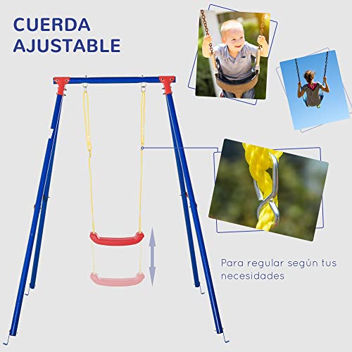 Outsunny Columpio de Metal para Niños +6 Años con Soporte Juego de Columpio Infantil con Asiento Cuerda Ajustable 4 Anclajes Exteriores Carga Máx. 40 kg 155x160x180cm Multicolor