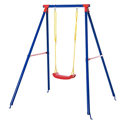 Outsunny Columpio de Metal para Niños +6 Años con Soporte Juego de Columpio Infantil con Asiento Cuerda Ajustable 4 Anclajes Exteriores Carga Máx. 40 kg 155x160x180cm Multicolor