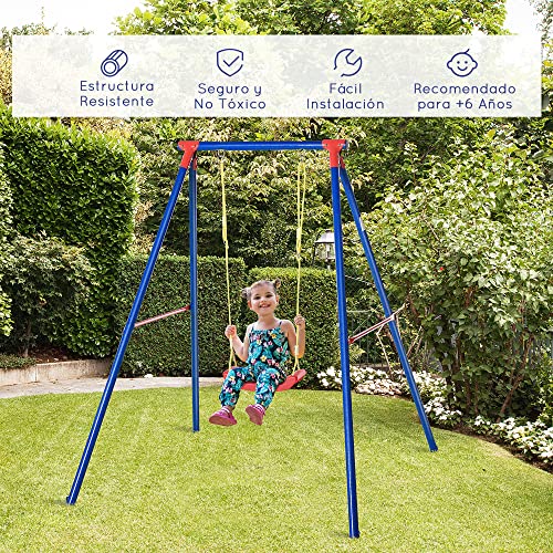 Outsunny Columpio de Metal para Niños +6 Años con Soporte Juego de Columpio Infantil con Asiento Cuerda Ajustable 4 Anclajes Exteriores Carga Máx. 40 kg 155x160x180cm Multicolor