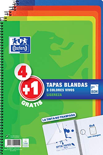 Oxford Cuadernos A4, Tapa Blanda, 80 Hojas; Cuadrícula 4x4, Pack 4+1, Surtido colores vivos