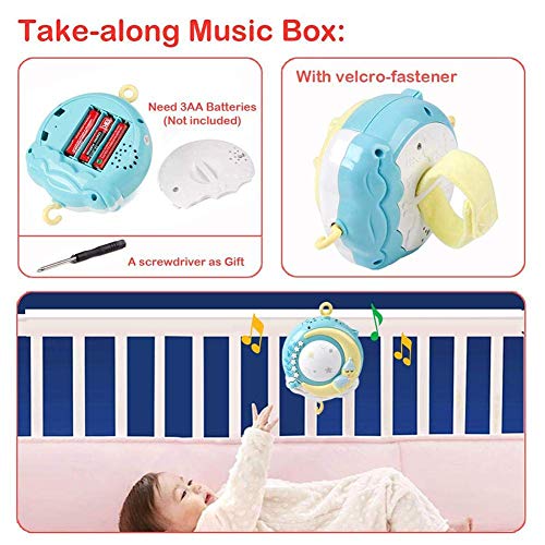 PAKEY Baby Crib Mobile Toy with Lights and Music, Star Projector Function and Cartoon Rattles, Remote Control Musical Box with 150 Lullaby, Toy for Newborn Sleep