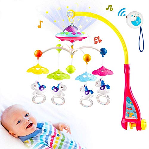 PAKEY Baby Crib Mobile Toy with Lights and Music, Star Projector Function and Cartoon Rattles, Remote Control Musical Box with 150 Lullaby, Toy for Newborn Sleep