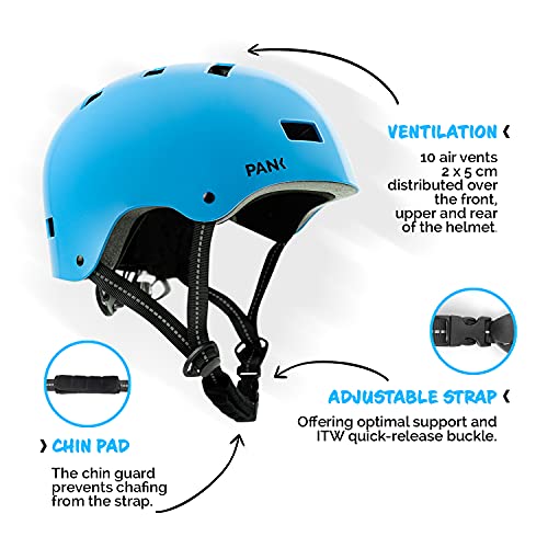 PANK Casco de Bici para niños de 6-12 años. Homologado CE. Casco de Patinete, Casco de Skate. Máxima protección, Ajustable, Ligero y cómodo (Azul)