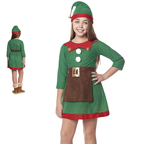 Partilandia Disfraz Elfa Niña Navidad 【Tallas Infantiles 3 a 12 años】[Talla 10-12 años]【Vestido Duende Niña Navideño con Gorro】 Disfraces Navidad Niña