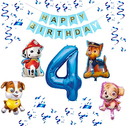 Paw Patrol XXL Globo Set Happy Birthday Banner + Número 1 2 3 4 5 6 7 8 9 Globo Perro Cumpleaños Infantil Decoración Fiesta Marshall Skye Rubble Chase (Número 4)