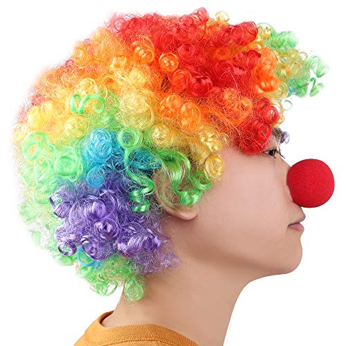 Payaso Peluca y 2x Nariz, para Adulto Niños años 80 Colores del Arco Iris Hippie Clown Cosplay Carnaval Halloween