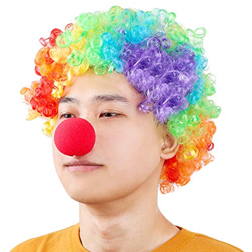 Payaso Peluca y 2x Nariz, para Adulto Niños años 80 Colores del Arco Iris Hippie Clown Cosplay Carnaval Halloween