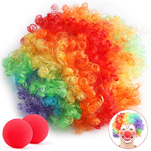 Payaso Peluca y 2x Nariz, para Adulto Niños años 80 Colores del Arco Iris Hippie Clown Cosplay Carnaval Halloween