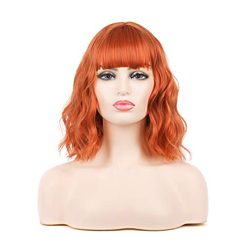 Peluca corta naranja Bob rizos pelo ondulado flequillo sintético pelucas para mujeres niñas Cosplay fiesta personalizada de Halloween