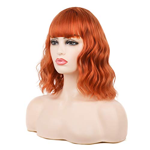 Peluca corta naranja Bob rizos pelo ondulado flequillo sintético pelucas para mujeres niñas Cosplay fiesta personalizada de Halloween