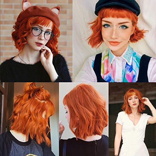 Peluca corta naranja Bob rizos pelo ondulado flequillo sintético pelucas para mujeres niñas Cosplay fiesta personalizada de Halloween