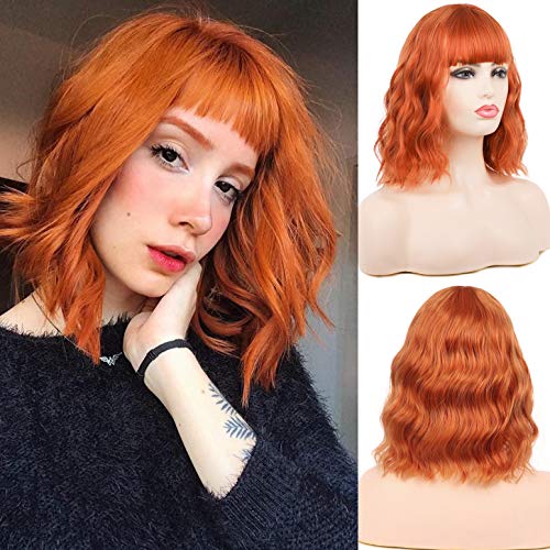 Peluca corta naranja Bob rizos pelo ondulado flequillo sintético pelucas para mujeres niñas Cosplay fiesta personalizada de Halloween