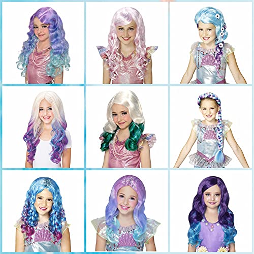 Peluca de princesa para niños, para Halloween, escuela, juego de rol de Navidad, reina de sirena, raíz blanca, pelo verde, peluca corta y rizada, para niños, Gril, cuento de hadas, cosplay, anime