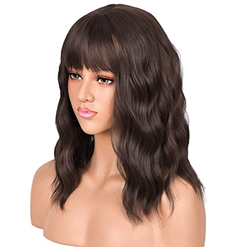 Peluca Moreno Flequillo Estilo Bob Corto Rizado para Mujer ,Pelucas Sintéticas para Navidad Halloween Fiesta,Pelucas Balayage de Morena,Uso Diario con Natural-Moda para Fecha,14''