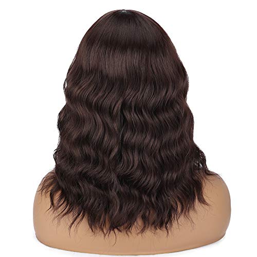 Peluca Moreno Flequillo Estilo Bob Corto Rizado para Mujer ,Pelucas Sintéticas para Navidad Halloween Fiesta,Pelucas Balayage de Morena,Uso Diario con Natural-Moda para Fecha,14''