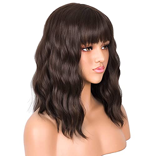 Peluca Moreno Flequillo Estilo Bob Corto Rizado para Mujer ,Pelucas Sintéticas para Navidad Halloween Fiesta,Pelucas Balayage de Morena,Uso Diario con Natural-Moda para Fecha,14''