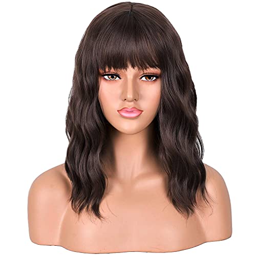 Peluca Moreno Flequillo Estilo Bob Corto Rizado para Mujer ,Pelucas Sintéticas para Navidad Halloween Fiesta,Pelucas Balayage de Morena,Uso Diario con Natural-Moda para Fecha,14''