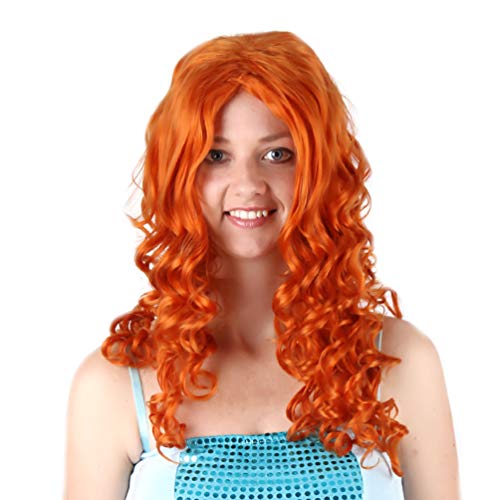 Peluca naranja larga y rizada, Merida Peluca Princesa valiente Cosplay Cabello castaño Sintético Onda profunda Pelucas de Halloween para niñas 65cm Fiesta sin encaje Mostrar Traje Carnaval