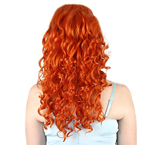 Peluca naranja larga y rizada, Merida Peluca Princesa valiente Cosplay Cabello castaño Sintético Onda profunda Pelucas de Halloween para niñas 65cm Fiesta sin encaje Mostrar Traje Carnaval