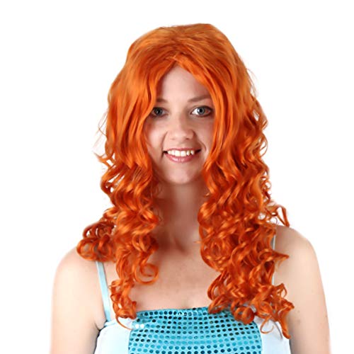 Peluca naranja larga y rizada, Merida Peluca Princesa valiente Cosplay Cabello castaño Sintético Onda profunda Pelucas de Halloween para niñas 65cm Fiesta sin encaje Mostrar Traje Carnaval