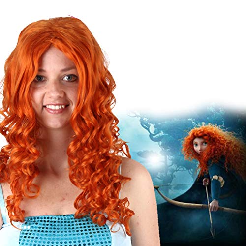 Peluca naranja larga y rizada, Merida Peluca Princesa valiente Cosplay Cabello castaño Sintético Onda profunda Pelucas de Halloween para niñas 65cm Fiesta sin encaje Mostrar Traje Carnaval