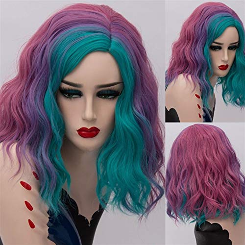 Pelucas Cosplay peluca para mujeres negro blanco verde púrpura púrpura costura gradiente arco iris colorido peluca rizado corto pelo sintético Peluca mujer ( Color : 1 , Stretched Length : 14inches )