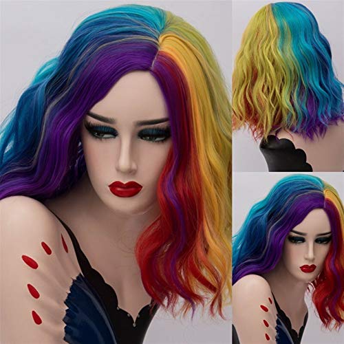 Pelucas Cosplay peluca para mujeres negro blanco verde púrpura púrpura costura gradiente arco iris colorido peluca rizado corto pelo sintético Peluca mujer ( Color : 1 , Stretched Length : 14inches )