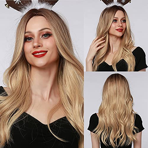 Pelucas rubias largas EMMOR para mujeres y dama, cabello natural sintético con pelucas completas de parte media para uso diario y de fiesta