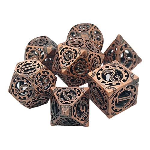 Perfeclan Juego de Dados Steampunk de Metal, 7 Piezas poliédricas, Dados D & D de Metal sólido de Cobre Antiguo, Dados de Juego de rol RPG, Paquete de 7 - de Cobre Rojo