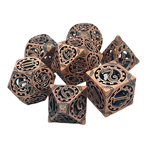 Perfeclan Juego de Dados Steampunk de Metal, 7 Piezas poliédricas, Dados D & D de Metal sólido de Cobre Antiguo, Dados de Juego de rol RPG, Paquete de 7 - de Cobre Rojo