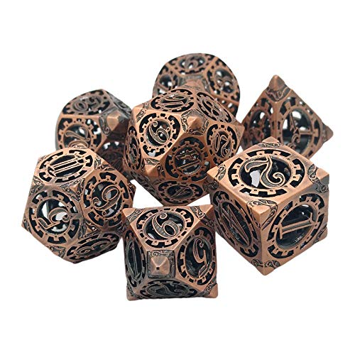 Perfeclan Juego de Dados Steampunk de Metal, 7 Piezas poliédricas, Dados D & D de Metal sólido de Cobre Antiguo, Dados de Juego de rol RPG, Paquete de 7 - de Cobre Rojo