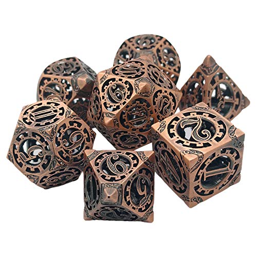 Perfeclan Juego de Dados Steampunk de Metal, 7 Piezas poliédricas, Dados D & D de Metal sólido de Cobre Antiguo, Dados de Juego de rol RPG, Paquete de 7 - de Cobre Rojo